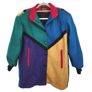 Vintage 80s Michelle Francois Colorblock Wool Blend‎ Coat Womens Large? USA Made